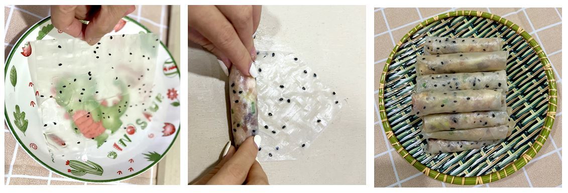 具材をライスペーパーで巻きます