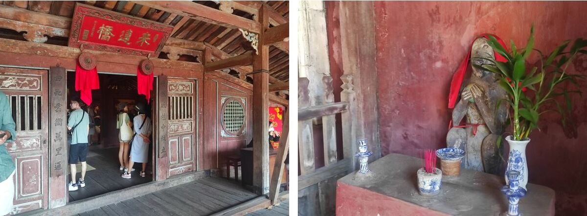 橋にあるお寺と猿と犬が対になった像のサルの石造