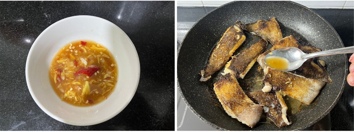 ソースをあげたエイにかけて、蓋を閉めて弱火で30秒ほど置きます