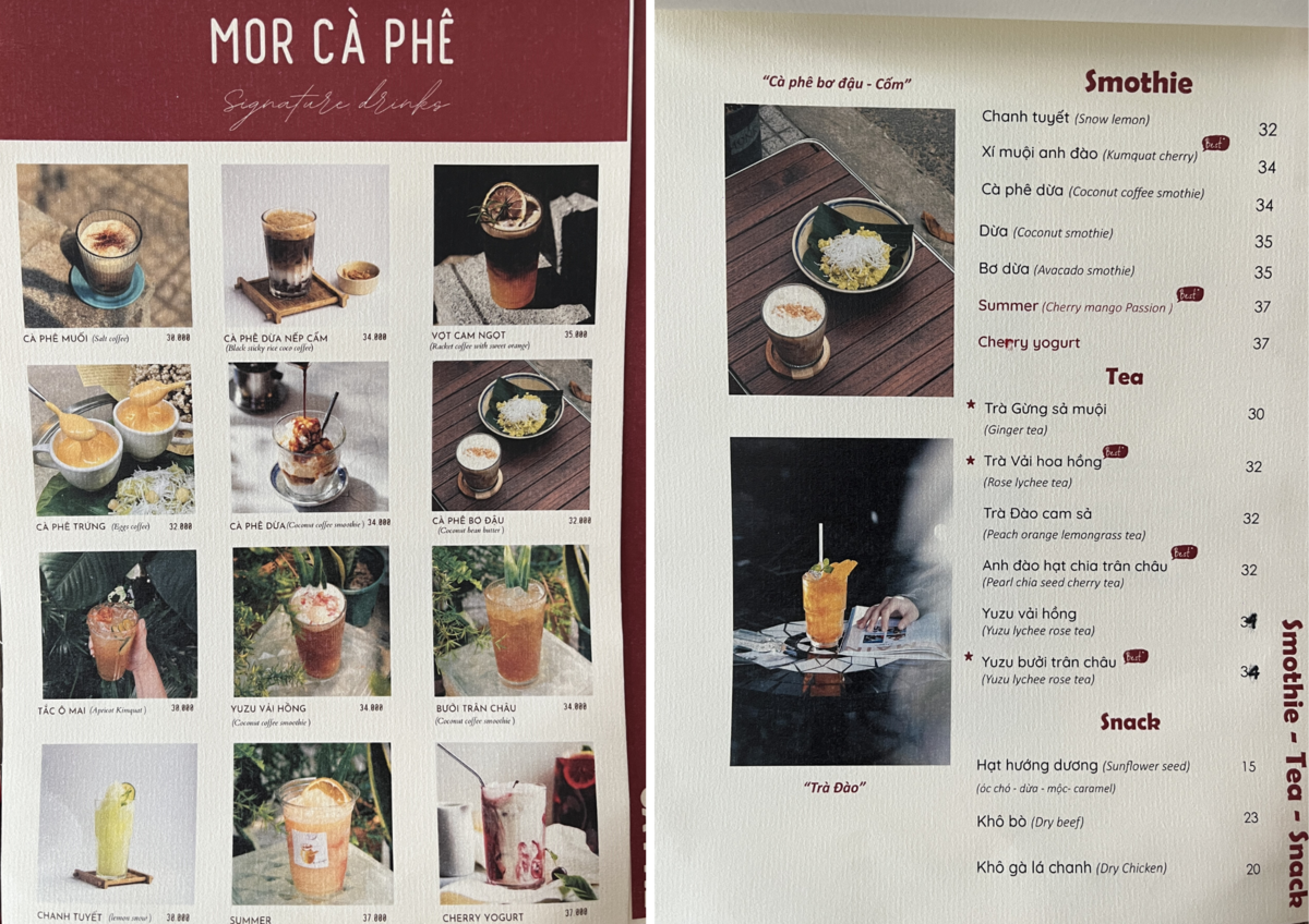ドリンクは20,000VND〜37,000VND(約120〜230円)程度で販売しています。