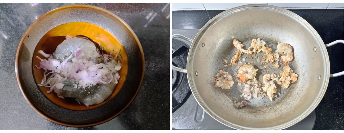 エビと紫玉ねぎを炒める