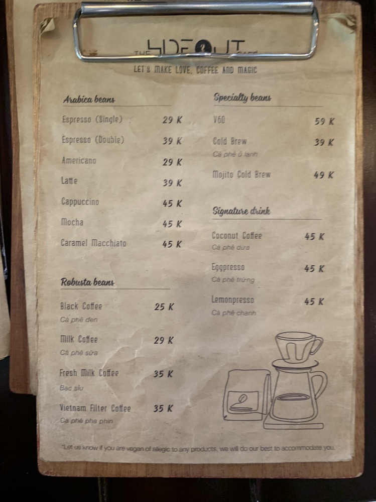 2020年3月現在のメニュー